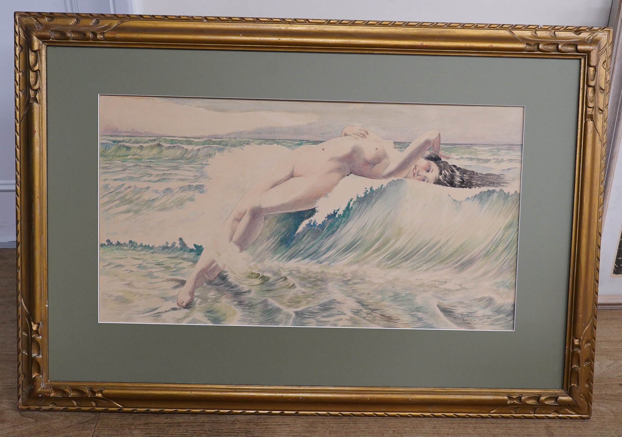 Early / mid 20th century, French School, watercolour, Study of a reclining nude woman above waves, indistinctly signed and dated 1936, 40 x 76cm. Condition - fair to good, minor discolouration